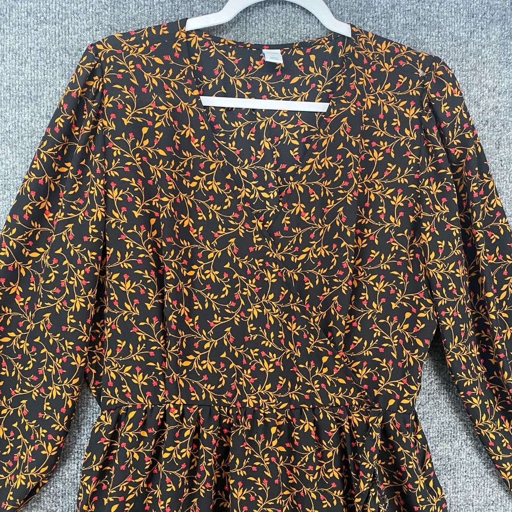 Old Navy Dress Size L Black Floral Wrap V-Neck Prairie Cottagecore Boho Peasant - Picture 2 of 11
